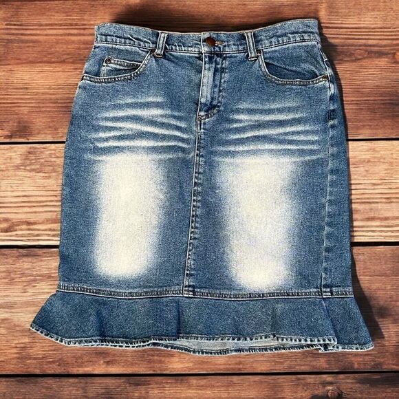 Y2K Mossimo Denim Jean Midi Skirt Ruffle Hem Size 3 Small Boho 90’s - Picture 5 of 8
